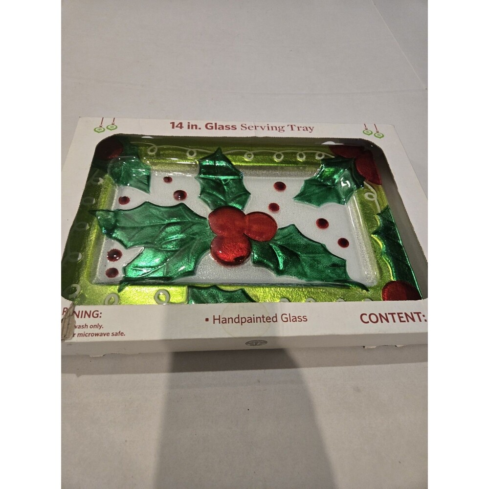 14” Whimsical Christmas Holly Berry Hand Painted Glass Food Safe Serving Tray